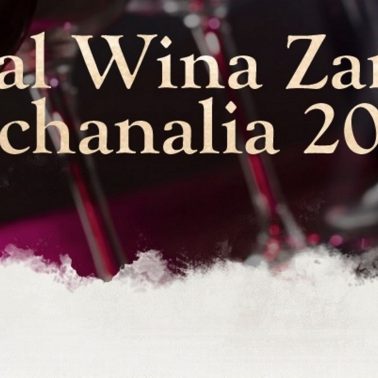 Zdjęcie - plakat zapraszający na zamkowe Bachanalia w Rynie. W tle na zdjęciu kieliszki z winem oraz napis o Festiwalu Wina Zamkowego Bachanalia 2020.