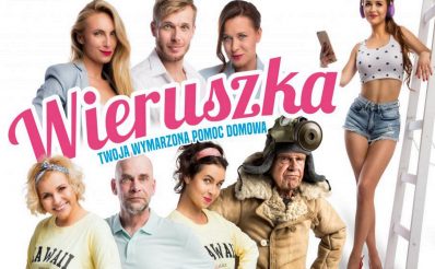 Zdjęcie, plakat zapraszający do Olsztyna na seans teatralny "Wieruszka, czyli Twoja wymarzona pomoc domowa". Na plakacie zdjęcia aktorów występujących w spektaklu.