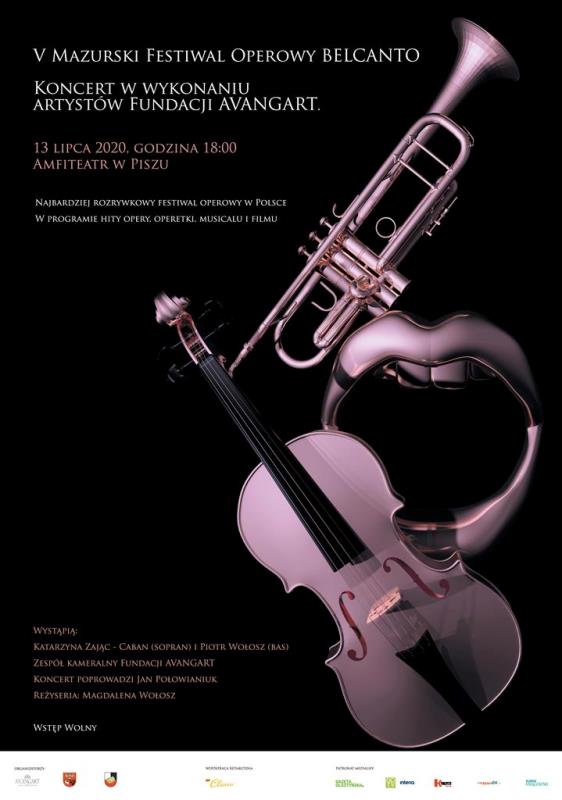 Plakat graficzny zapraszający na koncert Mazurskiego Festiwalu Operowego BALCANTO. Na plakacie zdjęcie  skrzypiec, trąbki oraz grafika ust w tonacji barw instrumentów.