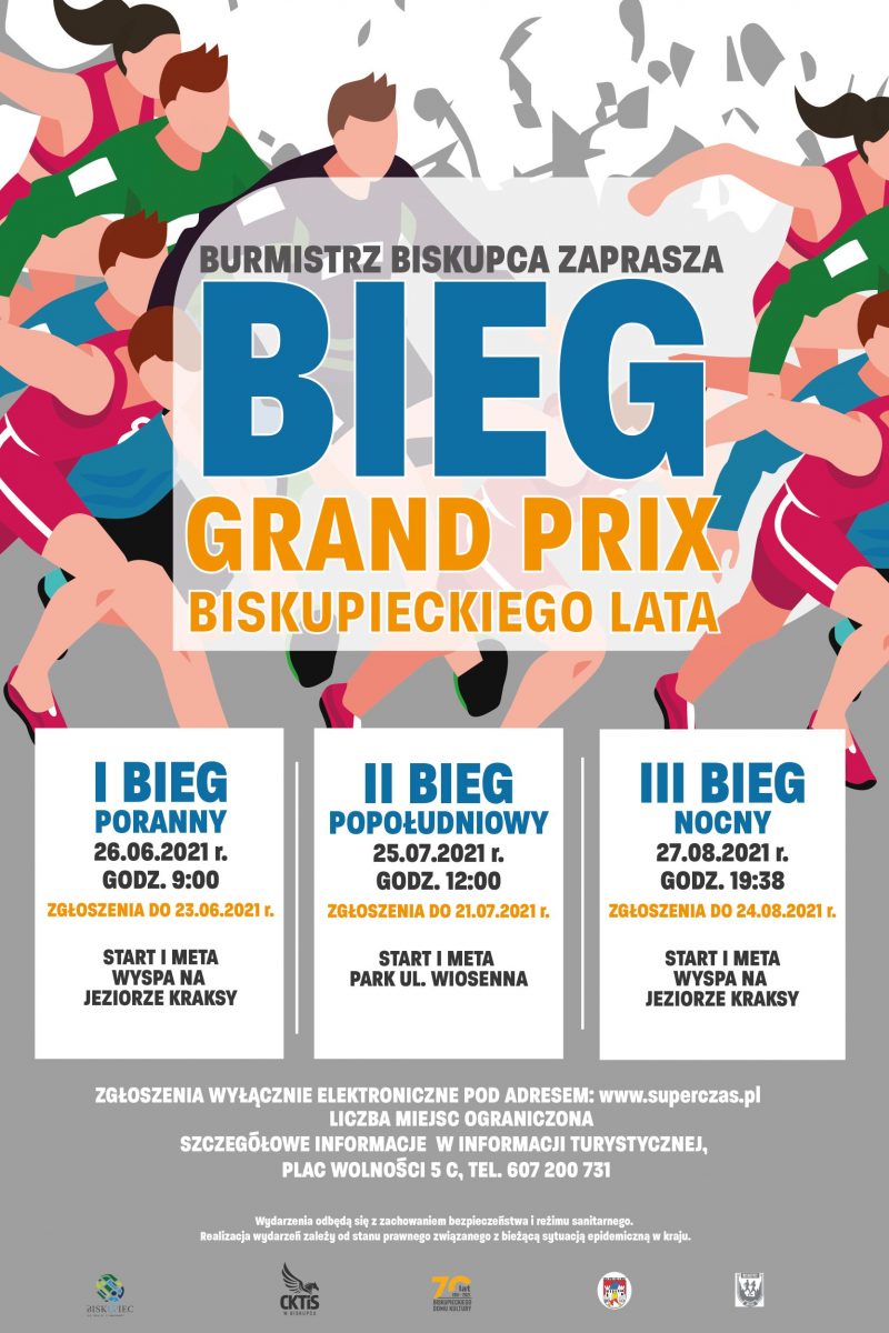 Plakat graficzny zapraszający na Bieg Południowy Grand Prix Biskupieckiego Lata 2021. Na plakacie informacja kiedy i gdzie odbędzie się bieg. 
