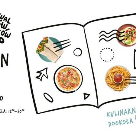 Plakat graficzny zapraszający do Olsztyna na imprezę IX Festiwal Smaków Food Trucków. Na plakacie zdjęcia czterech dań obrysowane w konturach książki. Na plakacie informacja o imprezie, godzina i miejsce wydarzenia.   