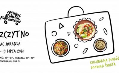 Plakat graficzny zapraszający do Szczytna na imprezę I Festiwal Smaków Food Trucków. Na plakacie zdjęcia trzech dań obrysowane w walizce. Na plakacie informacja o imprezie, godzina i miejsce wydarzenia.