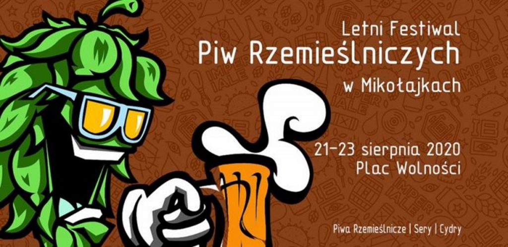 Zdjęcie, plakat zapraszający do Mikołajek na 2. edycję Festiwalu Piw Rzemieślniczych Mikołajki 2020. Na plakacie graficznym napisy kiedy i gdzie rozpoczyna się festiwal oraz postać w kształcie ziarnka chmielu, trzymająca kufel piwa.  