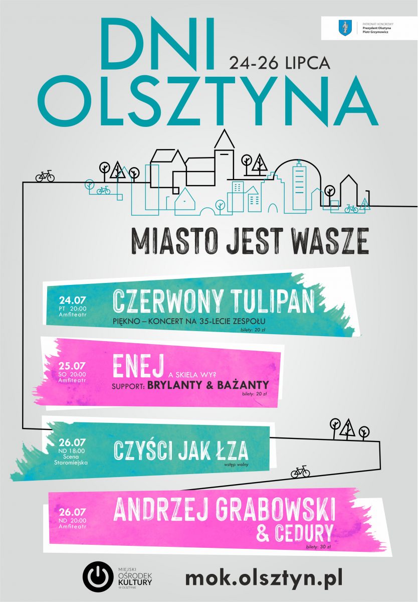 Plakat graficzny zapraszający w dniach 24-26 lipca 2020 r. do Olsztyna na cykliczną imprezę - Dni Olsztyna 2020. Na plakacie kontury graficzne budynków miasta, wymienieni artyści występujący podczas imprezy w Olsztynie.    