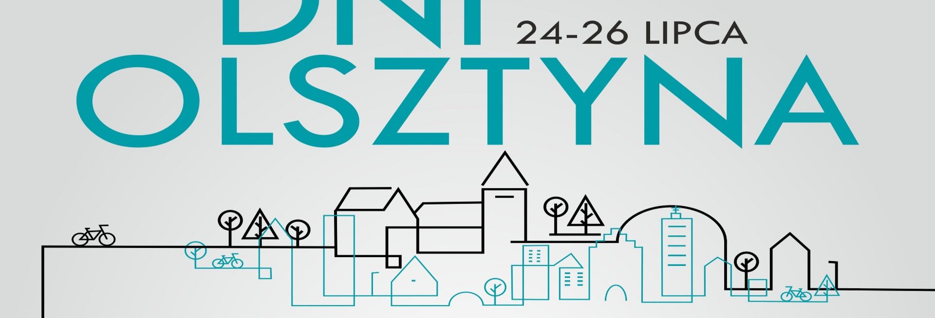 Plakat graficzny zapraszający w dniach 24-26 lipca 2020 r. do Olsztyna na cykliczną imprezę - Dni Olsztyna 2020. Na plakacie kontury graficzne budynków miasta oraz napisy i data zapraszające na koncert.  