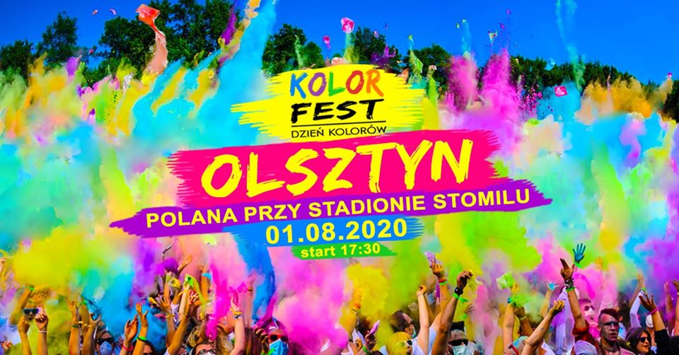 Plakat graficzny zapraszający do Olsztyna na imprezę Kolor Fest Olsztyn - Dzień Kolorów w Olsztynie 2020, Na plakacie zdjęcie bawiącej się publiczności a nad nimi chmura wielokolorowych proszków.     