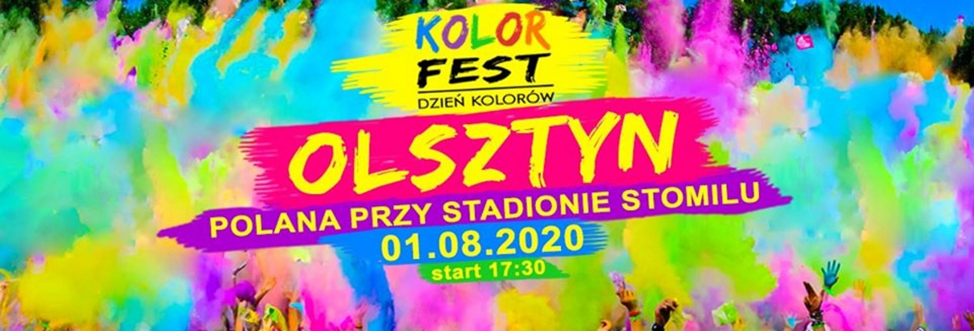 Plakat graficzny zapraszający do Olsztyna na imprezę Kolor Fest Olsztyn - Dzień Kolorów w Olsztynie 2020, Na plakacie zdjęcie bawiącej się publiczności a nad nimi chmura wielokolorowych proszków.     