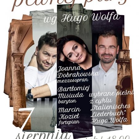 Plakat graficzny zapraszający do Olsztyna na koncert "Włoskie perypetie pewnej pary" organizowany przez Filharmonię Warmińsko-Mazurską. Na plakacie zdjęcie występujących trzech artystów. 