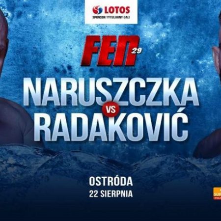 Plakat zapraszający na Galę FEN 29: LOTOS Fight Night Ostróda 2020.  Na zdjęciu twarze dwóch wojowników Marko Radakovica i Marcina Naruszczka.  