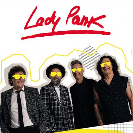 Plakat graficzny zapraszający na koncert do Ostródy zespołu lady Pank. Na plakacie zdjęcia członków zespołu. 