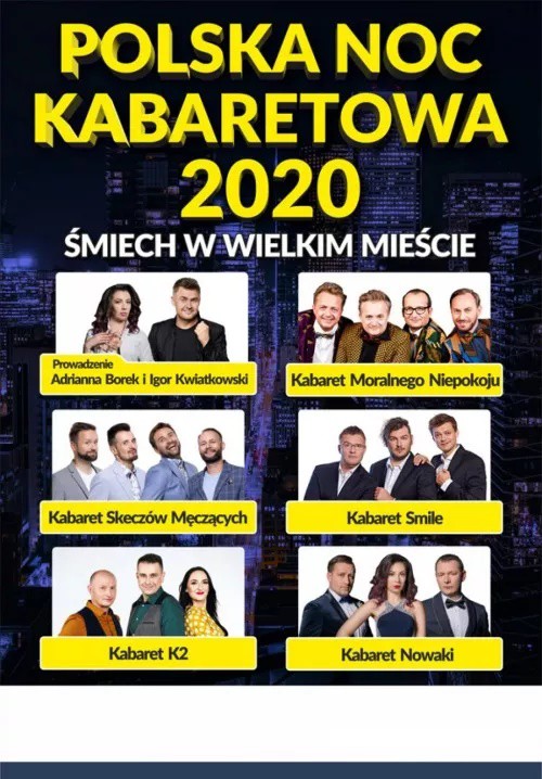 Plakat graficzny zapraszający do Mrągowa na Polską Noc Kabaretową "Śmiech w Wielkim Mieście" - Olsztyn 2020. Na plakacie zdjęcia kabaretów występujących w imprezie. 