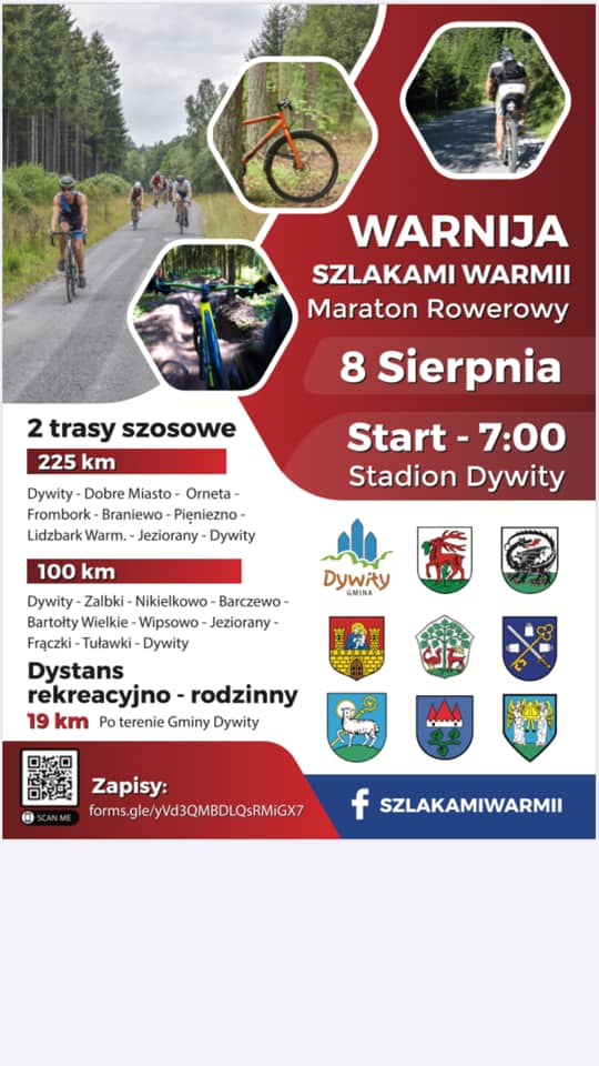 Plakat zapraszający na Maraton Rowerowy Warnija 2020 Szlakami Warmii. Na plakacie informacja o trasach maratonu oraz zdjęcia uczestników-rowerzystów rajdu z poprzednich lat.   