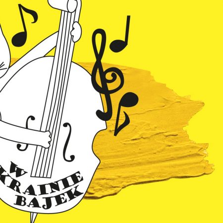 Plakat graficzny zapraszający na koncert "W krainie bajek" organizowany przez Filharmonię Warmińsko-Mazurską w Olsztynie. Na plakacie z żółtym tłem graficzne nuty oraz sylwetka kota grającego na kontrabasie.   