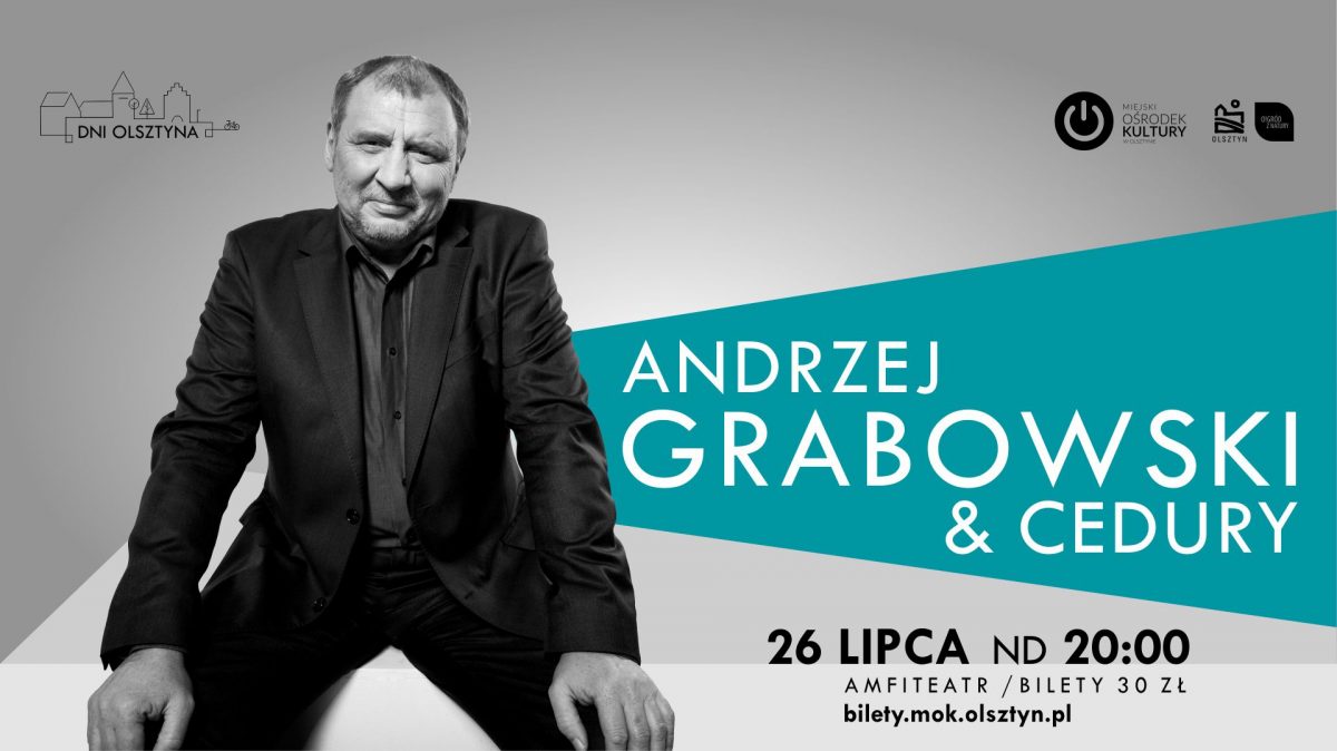 Plakat zapraszający na występ aktora teatralnego Andrzeja Grabowskiego z zespołem Cedury. Na plakacie zdjęcie siedzącego artysty. 