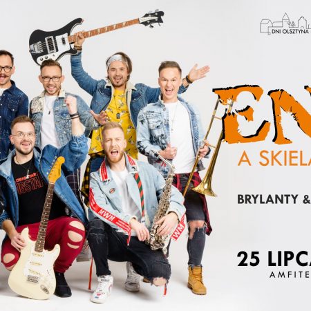 Plakat zapraszający na koncert zespołu Enej w Olsztynie. Na zdjęciu cały zespół Enej. 