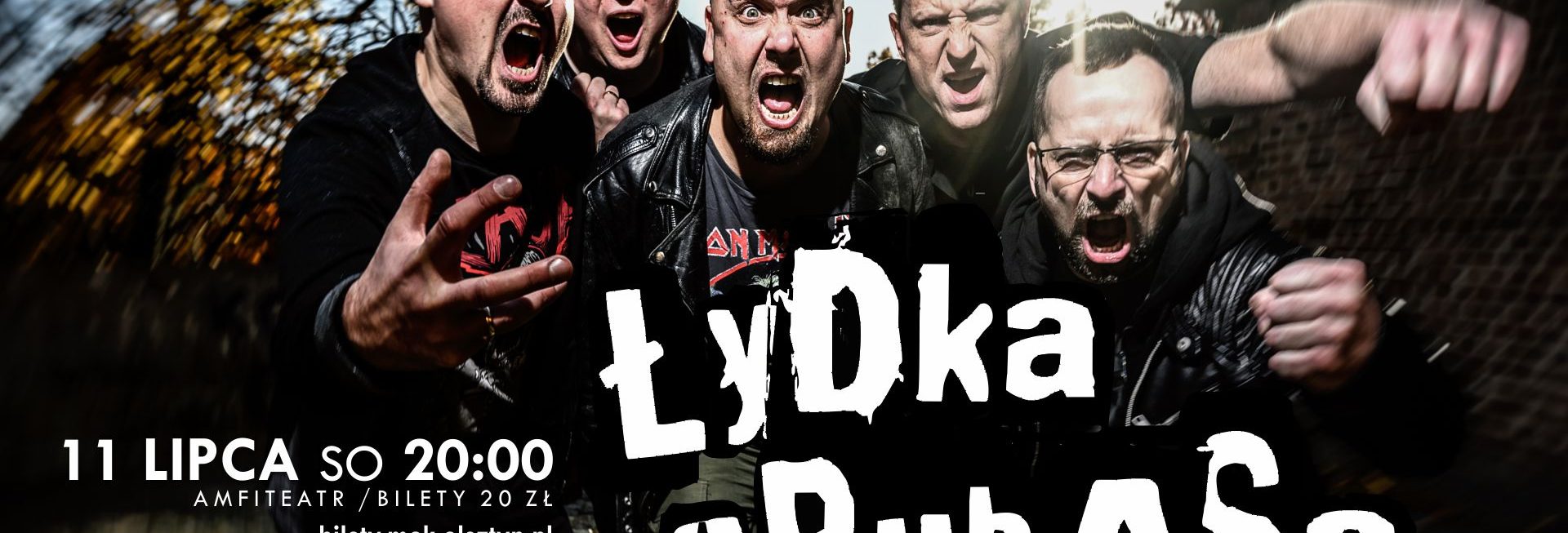 Plakat zespołu Łydka Grubasa zapraszający na koncert do Olsztyna w dniu 11 lipca. Na zdjęciu członkowie zespołu.   