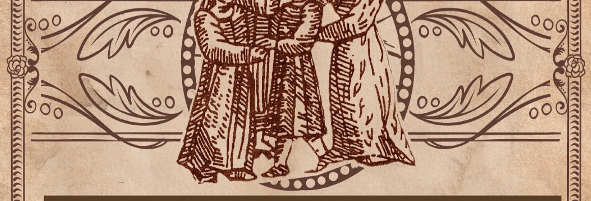 Plakat graficzny zapraszający na imprezę plenerową do Biskupca "Południe z Prusami". Na plakacie program oraz godzina imprezy. W centralnej części plakatu graficzne postacie dawnych mieszkańców ziem pruskich.  