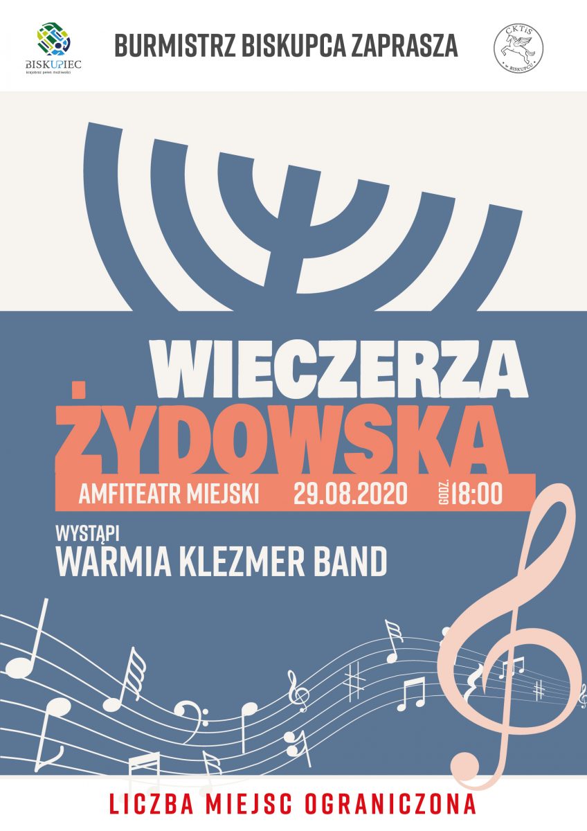 Plakat graficzny zapraszający na imprezę plenerową do Biskupca "Wieczerza Żydowska". Na plakacie informacja i godzina rozpoczęcia imprezy oraz grafika nut. 