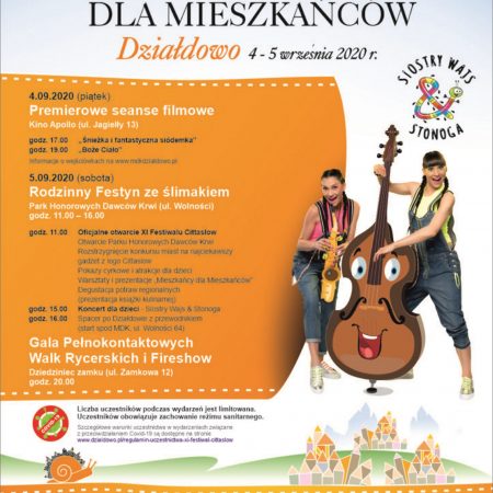 Plakat graficzny zapraszający na XI Ogólnopolski Festiwal Miast Sieci Cittaslow - Działdowo 2020. Na plakacie szczegółowy program imprezy oraz zdjęcie zespołu Wajs Stonoga dwóch sióstr.    