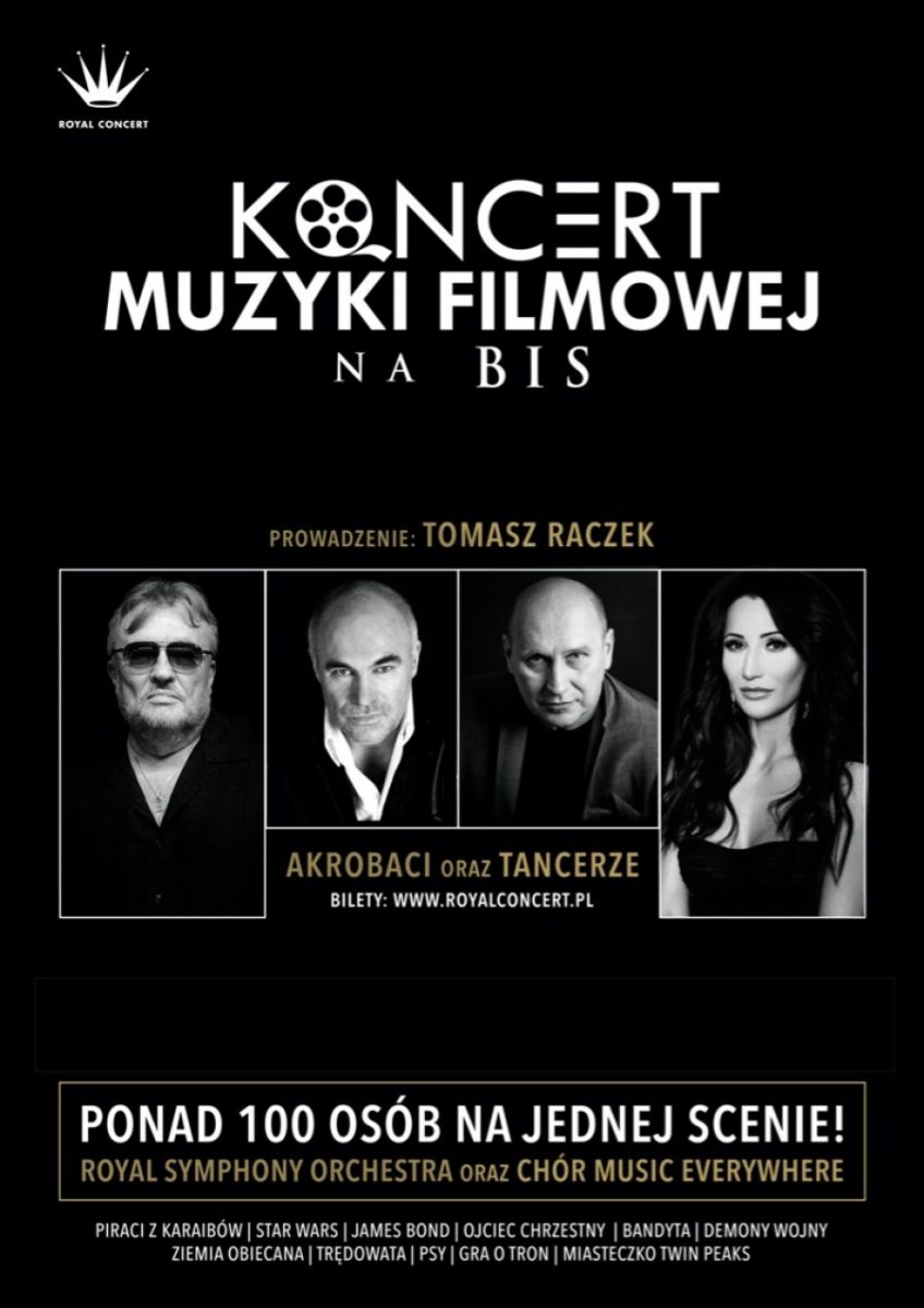 Plakat zapraszający na Koncert Muzyki Filmowej na BIS - Elbląg 2020. Plakat z czarnym tłem z czterema zdjęciami artystów, miedzy innymi z Justyną Steczkowską oraz Ryszardem Rynkowskim.    