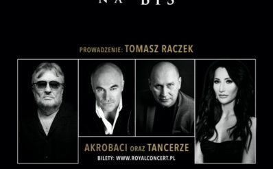 Plakat zapraszający na Koncert Muzyki Filmowej na BIS - Elbląg 2020. Plakat z czarnym tłem z czterema zdjęciami artystów, miedzy innymi z Justyną Steczkowską oraz Ryszardem Rynkowskim.