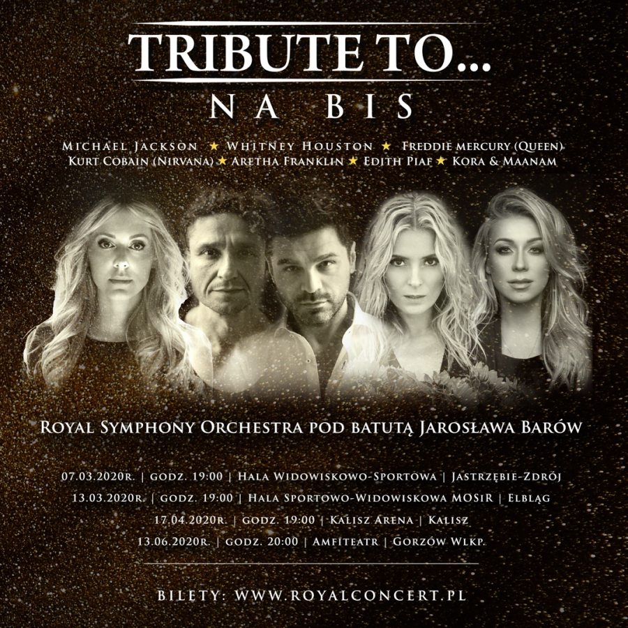 Plakat zapraszający na Koncert Muzyki Filmowej Tribute To..... na BIS - Elbląg 2020. Plakat z czarnym tłem ze zdjęciami artystów, występujących na koncercie.      