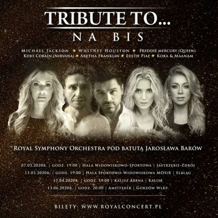 Plakat zapraszający na Koncert Muzyki Filmowej Tribute To..... na BIS - Elbląg 2020. Plakat z czarnym tłem ze zdjęciami artystów, występujących na koncercie.      