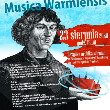 Plakat zapraszający do Fromborka na koncert Musica Warmiensis - Frombork 2020. Na plakacie graficzna postać Kopernika oraz szczegółowy program i wymienieni wykonawcy i artyści koncertu.  