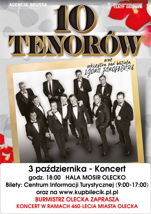 Zdjęcie - plakat informujący o koncercie 10 Tenorów w Olecku. W centralnej części plakatu widoczne zdjęcie postaci10 tenorów występujących w Olecku. 
