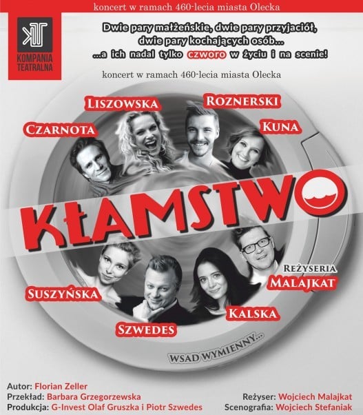 Plakat graficzny zapraszający do Olecka na seans teatralny „Kłamstwo”. Na plakacie informacja o reżyserii spektaklu oraz wyszczególnieni aktorzy na zdjęciach występujący w komedii.   