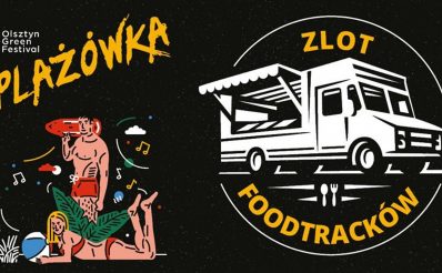 Plakat graficzny zapraszający do Olsztyna na Zlot Food Trucków na Plażówce Olsztyn Green Festiwal - Olsztyn 2020. Plakat podzielony jest na dwie części, po prawej stronie grafika auta foodtrackowego a po lewej stronie para wypoczywająca i zapraszająca na koncert plażówka.