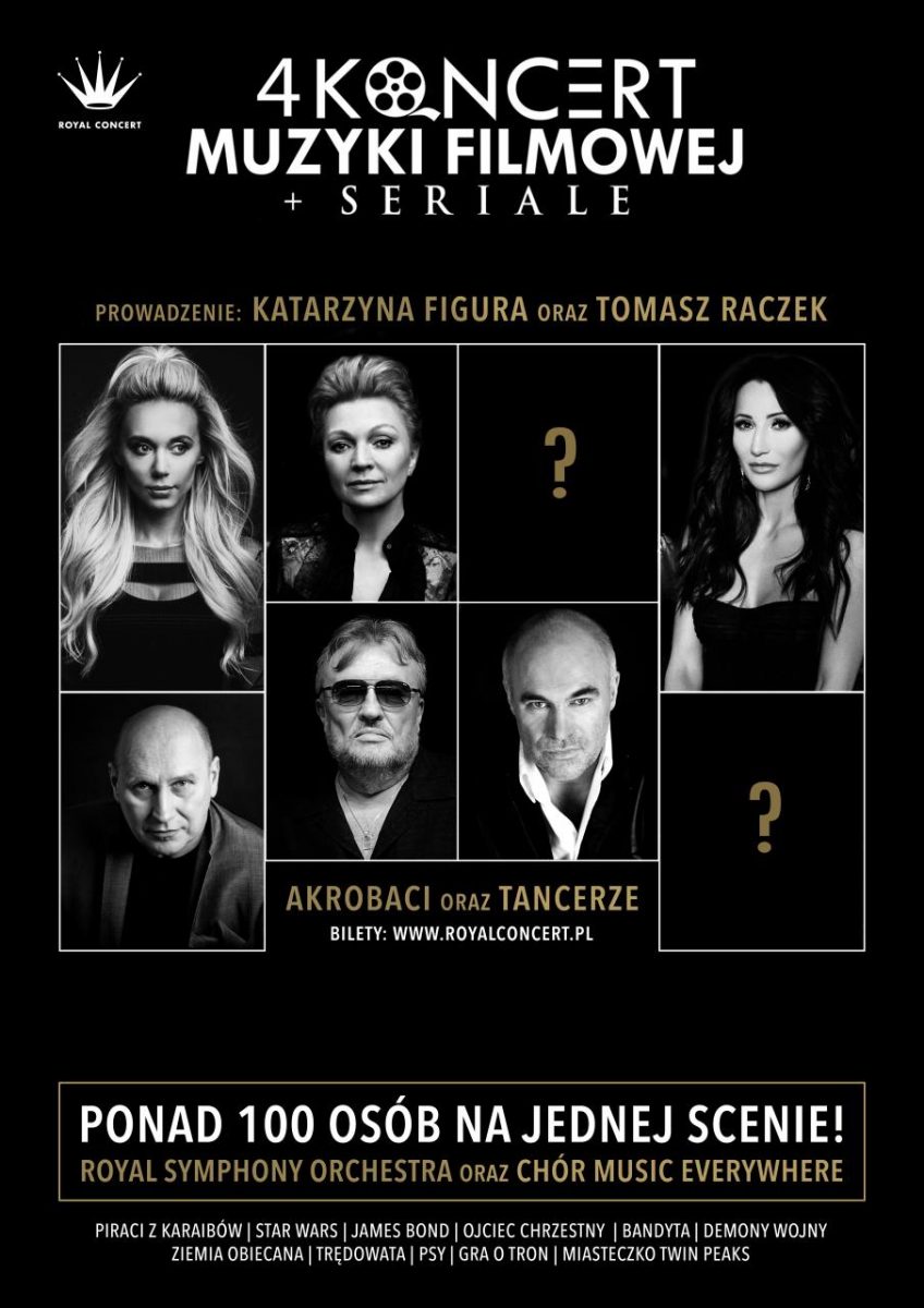 Plakat zapraszający na 4. edycję Koncertu Muzyki Filmowej + Seriale - Olsztyn 2020. Na plakacie z czarnym tłem zdjęcia wykonawców występujących podczas imprezy.    