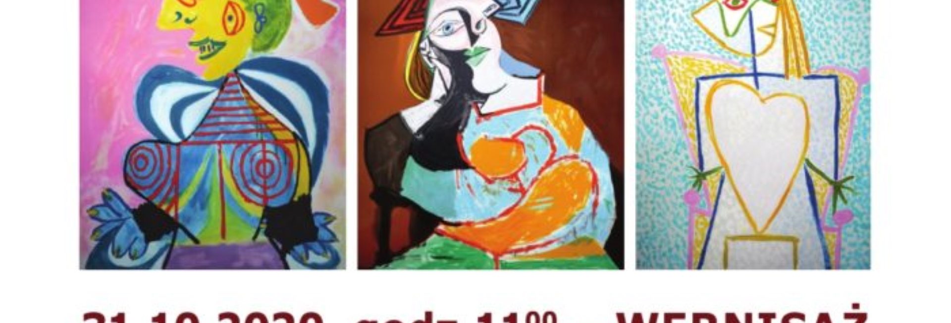 Plakat graficzny zapraszający w dniu 31 października 2020 r. do Giżycka na Wernisaż w Hotelu St. Bruno - Pablo Picasso „Grafika nieokiełznana” - Giżycko 2020. Na plakacie trzy zdjęcia wybranych obrazów artysty oraz program imprezy. 