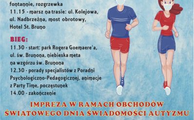 Plakat graficzny zapraszający w dniu 26 września 2020 r. do Giżycka na 5. edycję Marszobiegu dla Autyzmu - Giżycko 2020. Na plakacie program imprezy oraz graficzne postacie dwóch biegaczy.