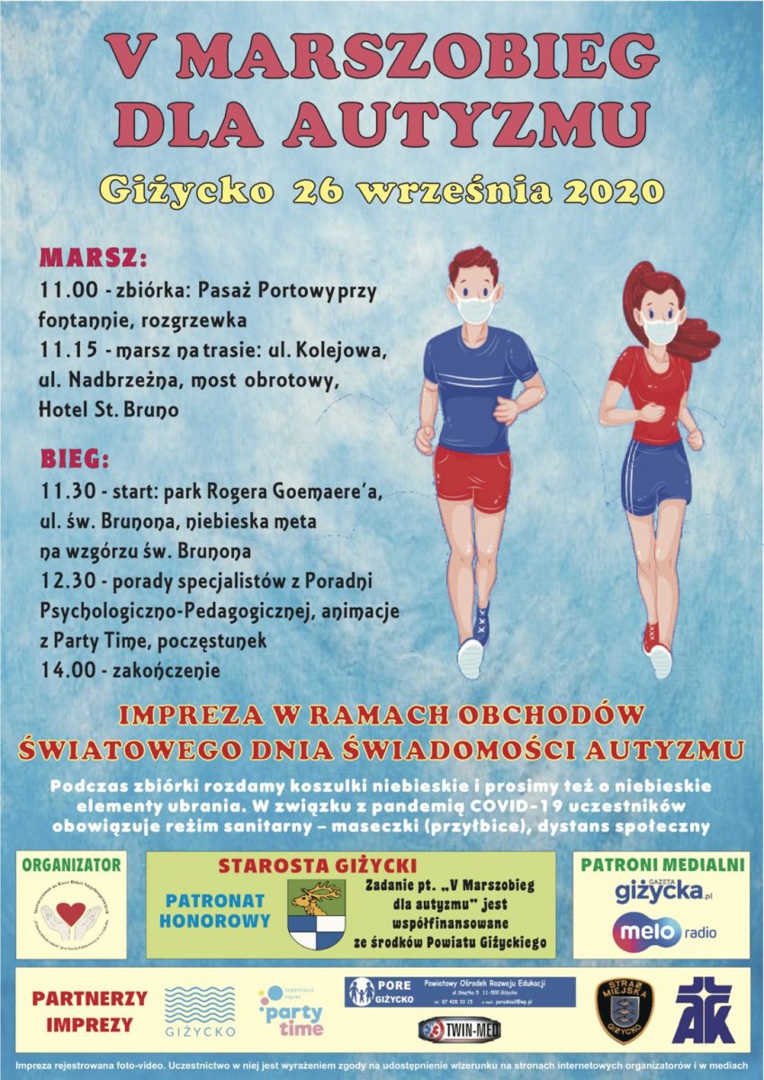Plakat graficzny zapraszający w dniu 26 września 2020 r. do Giżycka na 5. edycję Marszobiegu dla Autyzmu - Giżycko 2020. Na plakacie program imprezy oraz graficzne postacie dwóch biegaczy. 