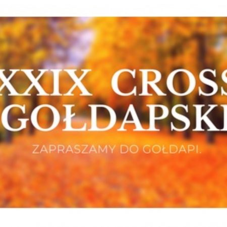 Zdjęcie zapraszające do Gołdapi na 29. edycję Cross Gołdapski Gołdap - 2021. Tłem zdjęcia jest las podczas jesieni. 