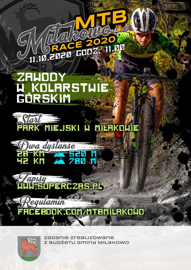 Plakat graficzny zapraszający w dniu 11 października 2020 r. do Miłakowa na zawody w kolarstwie górskim MTB Miłakowo Race 2020. Na plakacie zawodnik jadący na rowerze ścieżką leśną. 