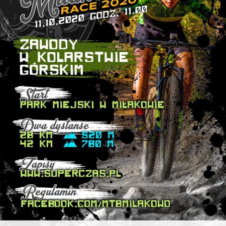 Plakat graficzny zapraszający w dniu 11 października 2020 r. do Miłakowa na zawody w kolarstwie górskim MTB Miłakowo Race 2020. Na plakacie zawodnik jadący na rowerze ścieżką leśną. 