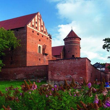 Zdjęcie Olsztyńskiego Zamku Kapituły Warmińskiej od strony parku miejskiego. Na zdjęciu okalający mur oraz wieża zamku.  