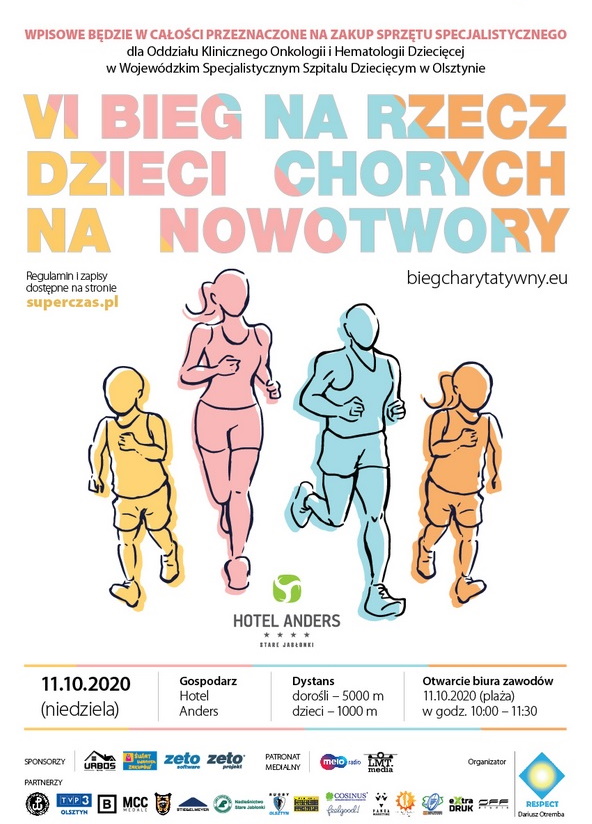 Plakat graficzny zapraszający 11 października 2020 r. na 6. edycję Biegu na rzecz Dzieci chorych na nowotwory - Stare Jabłonki 2020. Na plakacie cztery graficzne postacie biegnącej rodziny oraz informacja i program o imprezie. 