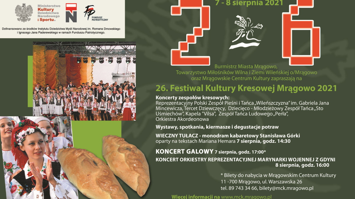 Plakat graficzny zapraszający na 26. edycję Festiwalu Kultury Kresowej Mrągowo 2020. Na zdjęciu artyści zagraniczni podczas występu na Festiwalu Kultury Kresowej oraz aktualny program. 