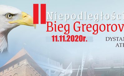 Plakat graficzny zapraszający do Nidzicy na 2. edycję Niepodległościowego Biegu Gregoroviusa - Nidzica 2021. NA plakacie po lewej stronie zdjęcie głowy orła na tle Zamku w Nidzicy. Na plakacie informacja o biegu.