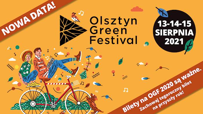 Plakat graficzny zapraszający do Olsztyna na 7. edycję Olsztyńskiego Green Festivalu - Olsztyn 2021. Plakat o pomarańczowym tle z napisami na którym po lewej stronie plakatu znajduje się narysowana para jadąca na rowerze.  