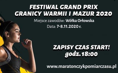 Plakat zapraszający do miejscowości Wólka Orłowska na Bieg Grand Prix Granicy Warmii i Mazur - Wólka Orłowska 2020. Plakat o czarnym tle na którym po lewej stronie jest zdjęcie przedstawiające zawodniczkę podczas biegu. Na plakacie tekstowe informacje o imprezie.