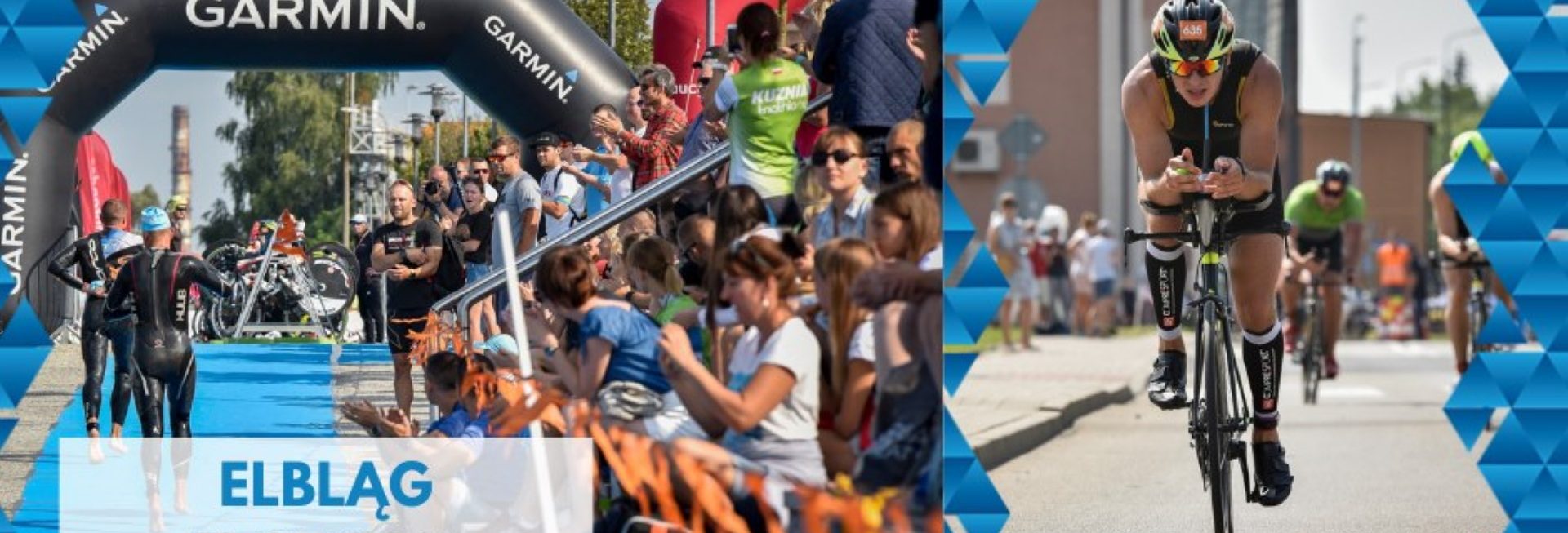Plakat zapraszający do Elbląga na cykliczną imprezę Garmin Iron Triathlon Elbląg - 2021. Na plakacie dwa zdjęcia. Zdjęcie po prawej stronie to zawodnik jadący na rowerze podczas zawodów. Zdjęcie po lewej stronie przedstawia trybuny a na nich kibiców oraz zawodników biegnących w stronę zaparkowanych rowerów.    