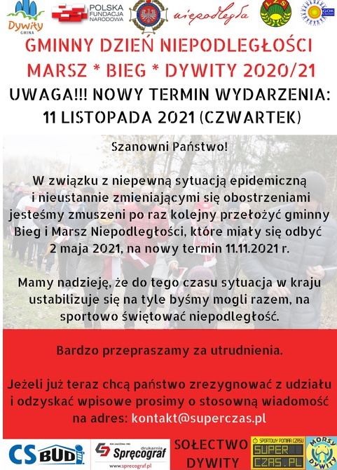 Plakat graficzny z napisami zapraszający w dniu 11 listopada 2021 r. do Dywit na Gminny Bieg Niepodległości Dywity 2021. 