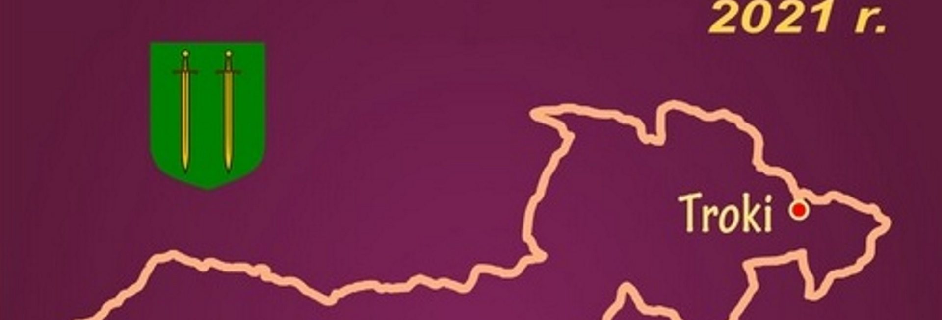 Plakat zapraszający do udziału w zawodach Ultra Maraton Kolarski Grunwald-Troki-Grunwald 1410 km - 2021. Plakat graficzny posiadający fioletowe tło na którym narysowany jest kontur mapy trasy zawodów i napisy o imprezie.    