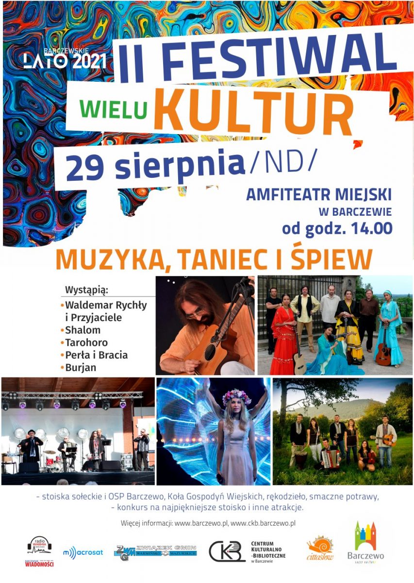 Graficzny plakat zapraszający do Barczewa na coroczną imprezę Festiwal Wielu Kultur Niedziela Cittaslow – Barczewo 2021. Na plakacie szczegółowy program imprezy oraz zdjęcia artystów, którzy będą występowali podczas festiwalu.    