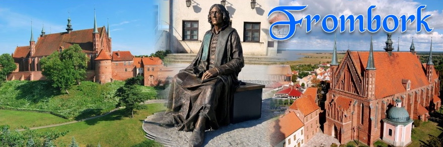 Zdjęcie zapraszające do Fromborka na 18. edycję Dni Fromborka 2021. Zdjęcie składa się z trzech zdjęć nałożonych na siebie, które przedstawiają Wzgórze Katedralne, Katedrę we Fromborku oraz pomnik Kopernika. 