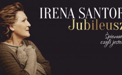 Zdjęcie - plakat na którym jest widoczna na czarnym tle postać piosenkarki Ireny Santor oraz napis z informacją zapraszający na koncert Jubileusz "Śpiewam czyli jestem".